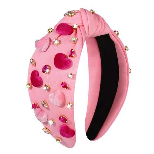 Vista 12 de MOLOCH Diadema de corazón rosa para mujer con diamantes de imitación, diadema de corazón con nudo de cristal, banda ancha de terciopelo a la moda