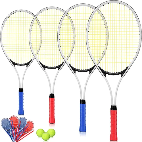 Vista 6 de 4 raquetas de tenis para adultos recreativas para 4 jugadores, raqueta de tenis ligera de 27 pulgadas con 3 pelotas de tenis para entrenar