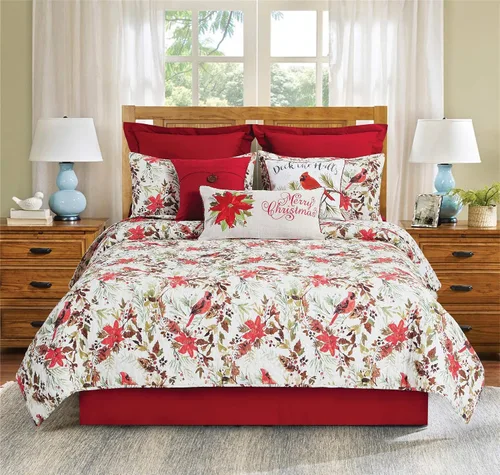 Vista 2 de C&F Home Averie - Juego de edredón reversible botánico con acebo y ramitas navideñas, diseño de cardenal y flor de pascua, tamaño matrimonial/queen