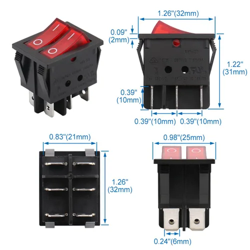 Vista 3 de Baomain - 1 paquete de interruptor basculante doble con luz roja, ON/Off DPDT de 6 pines, 16 A/250 V CA, 16 A/125 V CA, listado UR VDE