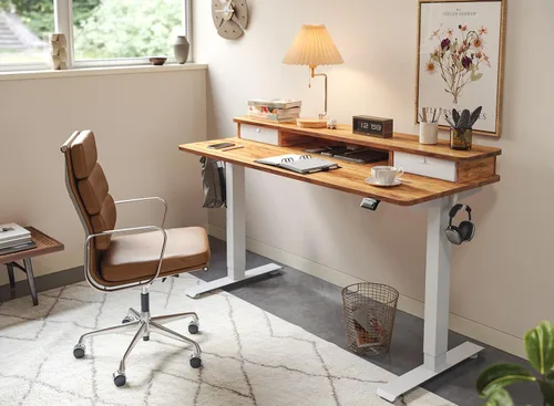 Vista 2 de FEZIBO Escritorio Eléctrico de Pie Ajustable en Altura con Cajón Doble, Mesa de Pie de 55 x 24 Pulgadas con Estante de Almacenamiento, Escritorio