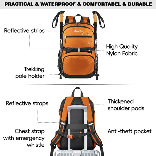 Vista 5 de Seektop Mochila de senderismo plegable de 40 L para mujeres y hombres, mochila de viaje ligera y plegable aprobada para vuelos al aire libre