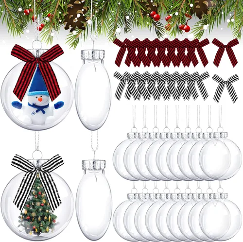 Vista 7 de Yookeer 64 discos de plástico para adornos navideños, bolas de plástico iridiscentes transparentes rellenables con tapa plateada y lazos a cuadros
