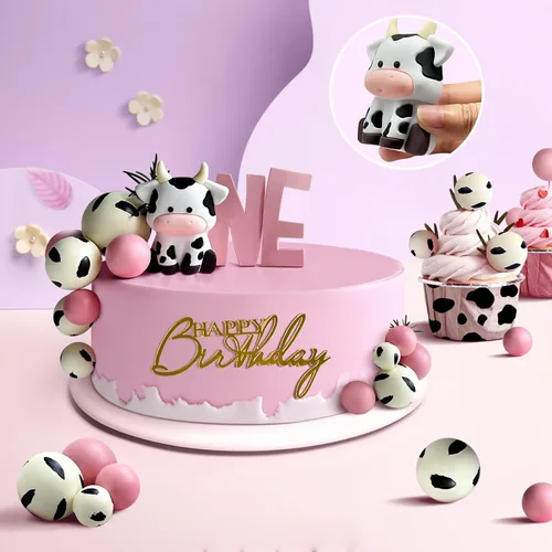 Vista 2 de Decoración de pastel de vaca, 14 bolas de vaca para decoración de pasteles Decoración acrílica dorada para tartas de cumpleaños con temática