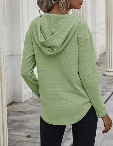 Vista 2 de Sudadera de manga larga con capucha y cuello en V, sudadera sin botones con cordón y bolsillo