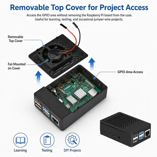 Vista 5 de iUniker Funda para Raspberry Pi 4, carcasa ABS Pi 4 con ventilador de refrigeración, disipador de calor Pi 4, cubierta superior extraíble simple