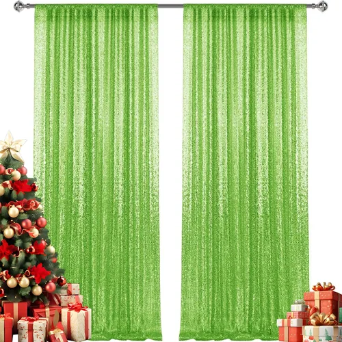 Vista 7 de 2 paneles de cortinas de fondo de lentejuelas verdes de 8 pies, cortinas de fondo de fotografía con purpurina para decoración de Navidad, boda