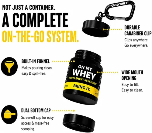 Vista 6 de OnMyWhey - Llavero de embudo de proteína en polvo y suplemento, contenedor portátil para el gimnasio, entrenamientos, fitness y viajes - Aprobado