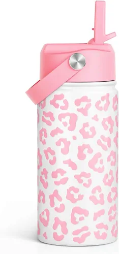 Vista 26 de SANDJEST Botella de agua para niños con tapa con pajilla, botellas de agua de acero inoxidable con aislamiento del alfabeto de 12 onzas para niños