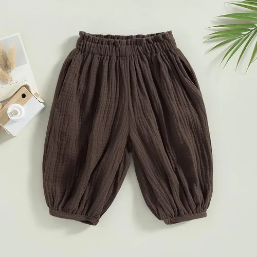 Vista 6 de Pantalones de harén para niños y niñas, pantalones básicos lisos, pantalones de algodón y lino, unisex, para bebé