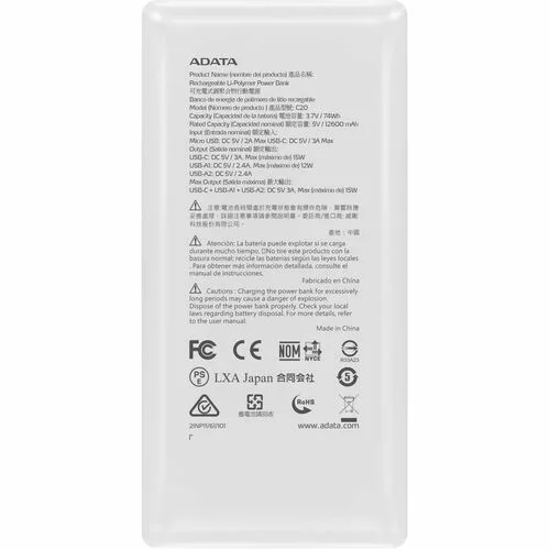 Vista 6 de POWER BANK ADATA C20 20.000 mAh BLANCA