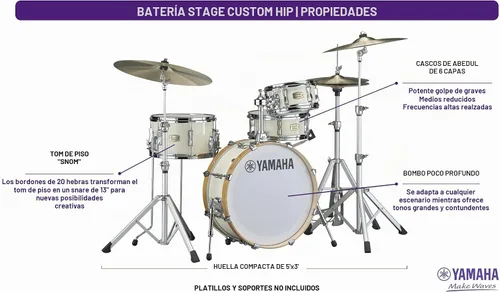 Vista 3 de Yamaha Stage Custom Hip One-Box - Juego de batería de 4 piezas - 20" Kick, Blanco Clásico