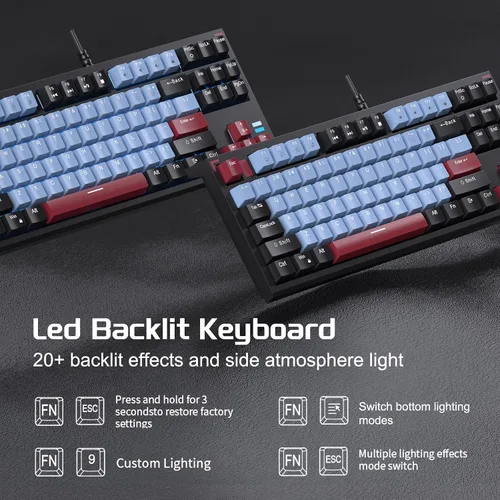 Vista 5 de Teclado mecánico compacto 80% para juegos, teclado mecánico tkl con cable con interruptores marrones, teclado retroiluminado azul hielo 87 teclas