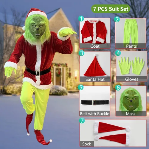 Vista 6 de Christmas Green Big Monster Costume7Pcs Adult Santa Suit for Men WomenFunny Santa Outfit with Mask