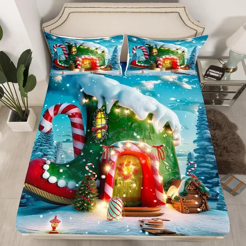 Vista 14 de Erosebridal Juego de ropa de cama de muñeco de nieve, tamaño individual, sábana bajera ajustable de esquí kawaii para árbol de Navidad, para niños