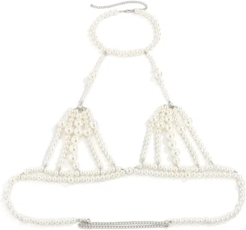 Vista 4 de Jumwrit Collar de cadena de perlas en capas y cinturón de cadena de cintura de plata, ajustable, accesorios para mujer, Perla, aleación