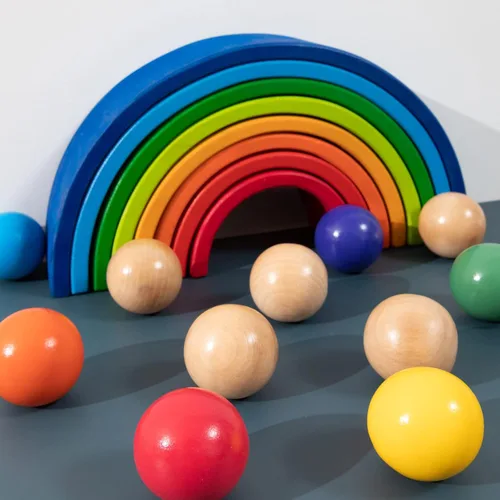 Vista 4 de Bolas Montessori de madera arcoíris de 1.8 pulgadas, juguetes de bolas de madera coloridas/pastel/natural para niños pequeños y bebés