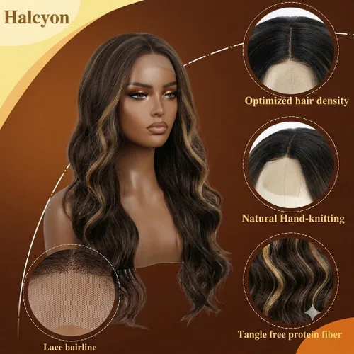 Vista 2 de Halcyon - Peluca sintética ondulada de 26 pulgadas, parte central natural, reflejos marrones 3-row hand-tied parting for realistic scalp