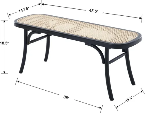 Vista 2 de Kmax Banco tapizado de mimbre de mimbre Banco de entrada de madera maciza rústica de 45 pulgadas para sala de estar/dormitorio/pasillo - negro