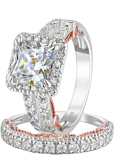 Vista 9 de Wuziwen Juego de anillos de boda de corte princesa de 4 quilates para mujer Circonita cúbica plateada