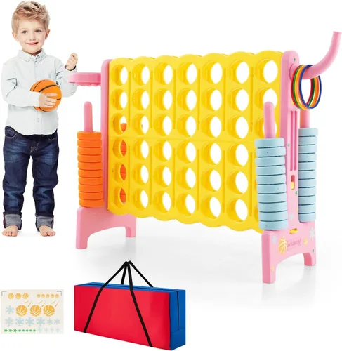 Vista 8 de COSTWAY Juego gigante gigante de 4 a puntuación con bolsa de transporte, juego de 2.5 pies para interiores y exteriores con aro de baloncesto, juego