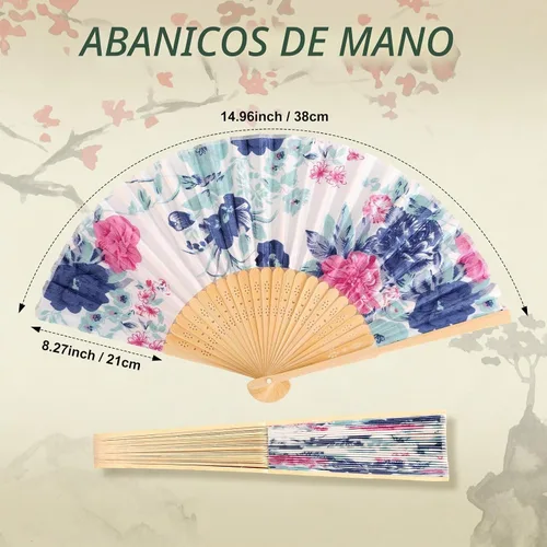 Vista 4 de Zonon 4 Pack de abanicos de mano florales plegables, abanicos de seda de bambú con borla para mujer, abanico de mano hueco plegable con funda