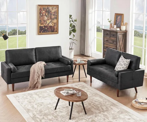 Vista 4 de 58" Loveseat Sofa Couch, Mid Century Modern Faux Leather Couch, Black Hand-Sewn Deep Love Seat & 2 Pillows, Home Sofa Living Room, Small Couches