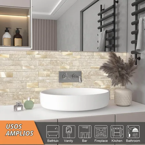 Vista 3 de VAOVI Azulejos autoadhesivos para salpicaduras de cocina, azulejos estilo metro lineal de mosaico de piedra para baño, pared de ducha impermeable