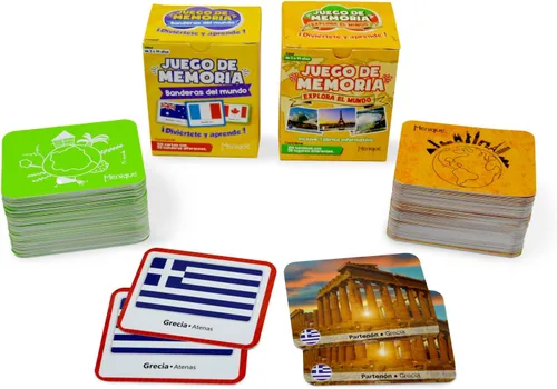 Vista 4 de Menique Paquete de juego de memoria español – Banderas del Mundo + Explora el Mundo – 200 cartas, 100 pares – Banderas, capitales y lugares icónicos