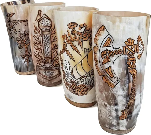 Vista 11 de Norse Tradesman Juego de Copas de Cuerno para Beber (4) – Copas de Tamaño Completo de 12 oz con Grabados de Nudos Celtas y Saco de Regalo