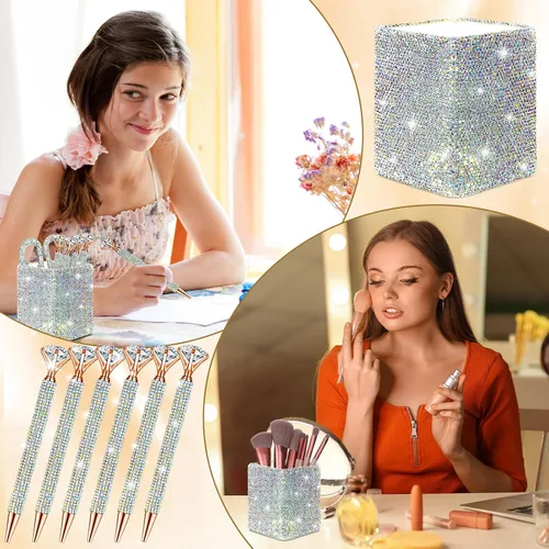 Vista 5 de Qilery 8 accesorios de escritorio brillantes de regalo con 1 soporte para bolígrafo, 6 bolígrafos de diamantes de imitación de cristal, 1 tijeras