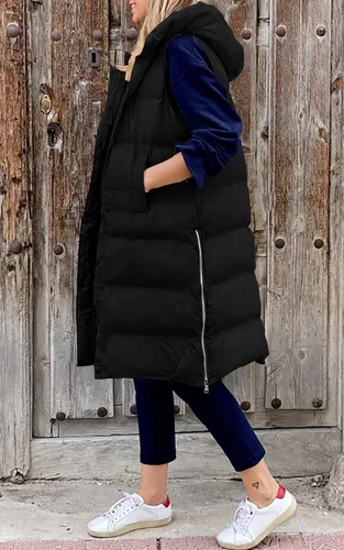 Vista 2 de LEANI Chaleco largo acolchado con cremallera completa para mujer, abrigo sin mangas con bolsillos