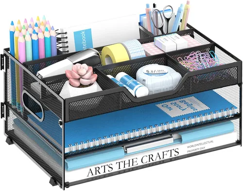 Vista 7 de Daltack Organizador de papel de 3 niveles con asa, organizador de escritorio de malla, bandeja de cartas, organizador de archivos para carpetas A4