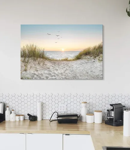 Vista 4 de Arte de Pared de Playa en Lienzo para Baño: Obra de Arte Impresa de Puesta de Sol Costera y Océano, Escena Marina Moderna, Imagen de Paisaje Marino