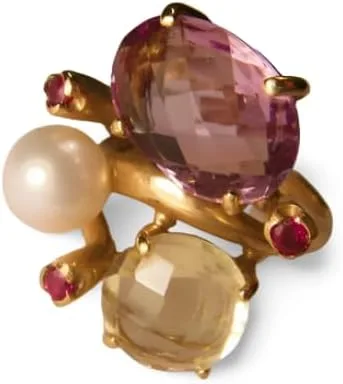 Vista 3 de Unbranded Magnificent 14K Yellow Gold Citrine Amethyst Pearl Ruby Three-Stone Ring