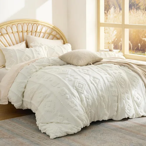 Vista 11 de Bedsure - Juego de edredón individual/King, juego de cama bohemio azul polvo capitoné, 3D, tipo jacquard, 2 piezas: 1 edredón estilo rústico chic