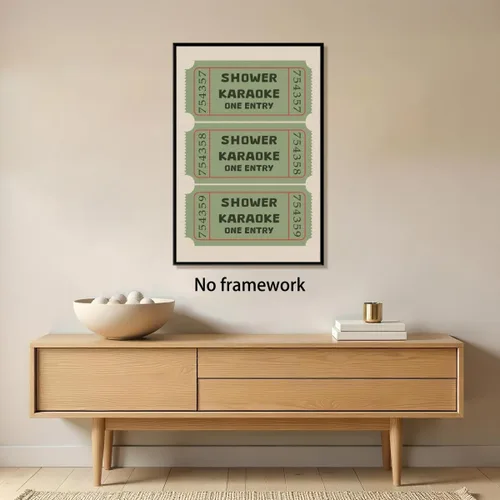 Vista 7 de Divertido arte de pared para baño, vintage, ducha, karaoke, boletos, impresión en lienzo, cuadro de signo de baño funk, imagen verde salvia
