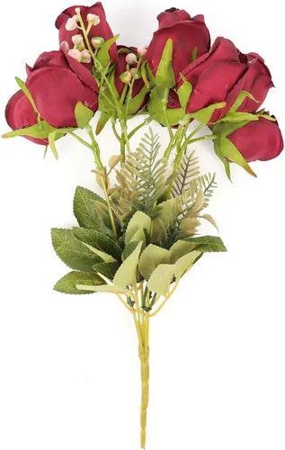Vista 6 de Efavormart - Paquete de 3 ramos de rosas artificiales de tacto real burdeos de 13 pulgadas, arreglos florales de seda Borgoña