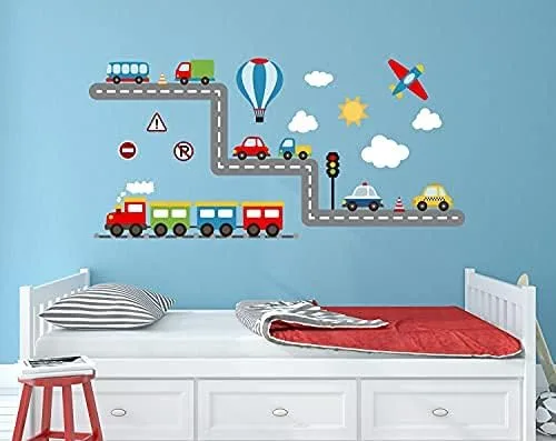 Vista 2 de Calcomanías de pared de tren de transporte de construcción, aviones, trenes, automóviles, calcomanías de vinilo para pared de niños, dormitorio