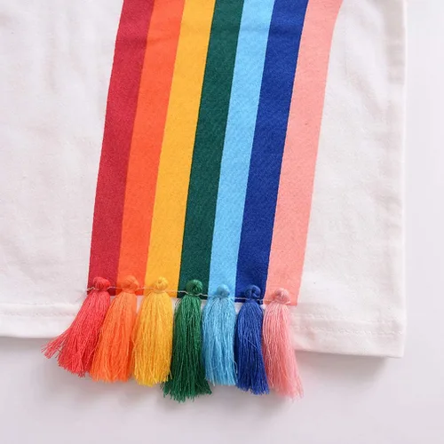 Vista 6 de Camiseta de manga corta con borlas, diseño de arco iris, a rayas, para el verano, para niños y niñas
