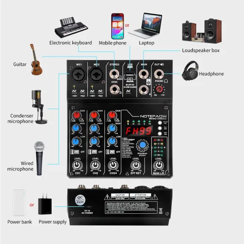Vista 3 de AD14 Mezclador de audio profesional Placa de sonido Interfaz Sistema de consola 4 canales USB digital Bluetooth MP3 Entrada de computadora 48V