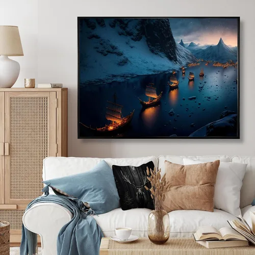 Vista 3 de ZZJYYC Póster de barco vikingo noruego, buque de guerra vikingo, impresión artística de barco vikingo en fiordo, lienzo náutico estético, decoración