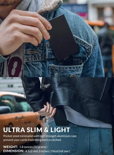 Vista 5 de VULKIT Cartera desplegable, soporte minimalista para tarjetas de crédito, bloqueo RFID, funda de metal delgada para hombres