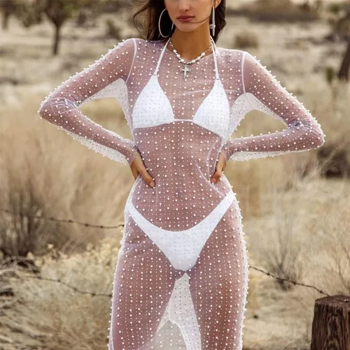 Vista 2 de Mintsnow Vestido largo sin mangas de malla transparente para mujer, body para fiesta y club