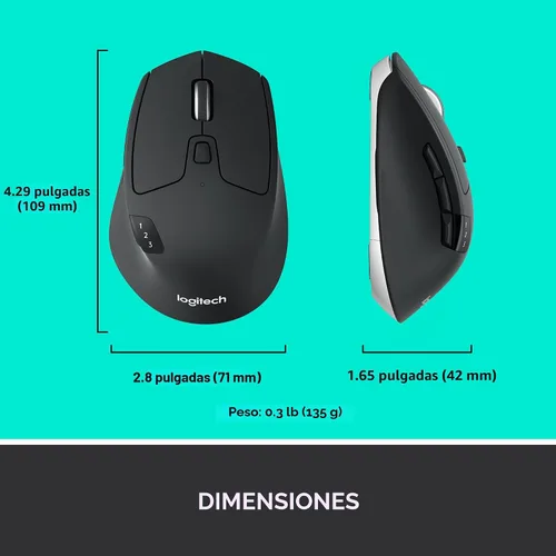 Vista 9 de Logitech M720 - Ratón inalámbrico de triatlón, Bluetooth, receptor unificador USB, 1000 DPI, 6 botones programables, batería de 2 años, compatible