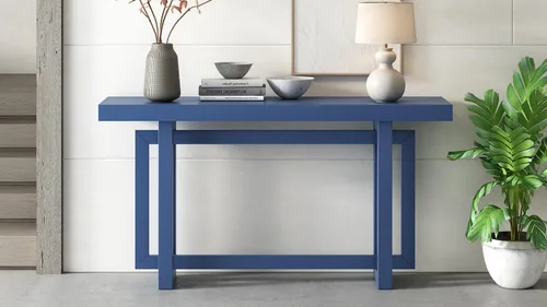 Vista 4 de Mesa consola contemporánea con parte superior de madera de hormigón de inspiración industrial, mesa de entrada extra larga con patas de madera