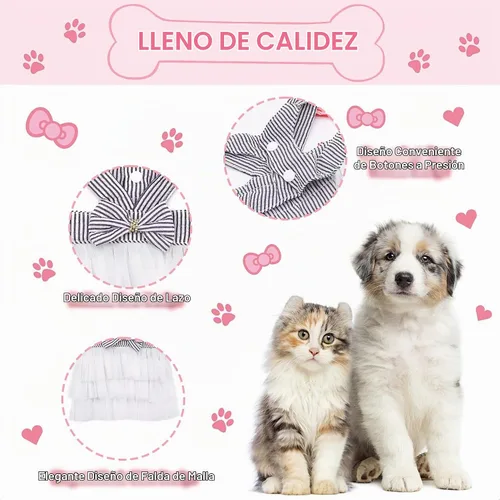 Vista 3 de Vestidos para Perros, Ropa de Mascota a la Moda, Vestidos de Princesa para Cachorros con Rayas y Malla (Azul, XS)