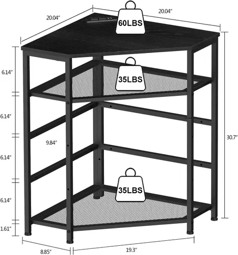 Vista 2 de VEDECASA Soporte de esquina para impresora con mesa, toma de corriente, puertos USB, estante de almacenamiento ajustable, soporte para torre de Negro
