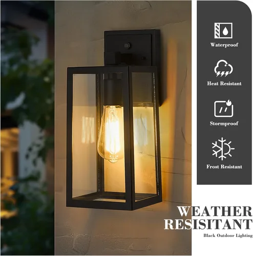 Vista 3 de Emliviar WE212B BK - Farol de pared para exteriores, 13.8 pulgadas, 1 luz exterior para porche en acabado negro con vidrio transparente, WE212B BK