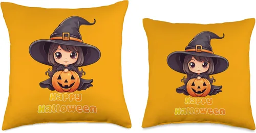 Vista 3 de Helloween witch pumpkin party costumes gifts Little Halloween Pumpkin and Witch hat Throw Pillow, 16x16, Multicolor